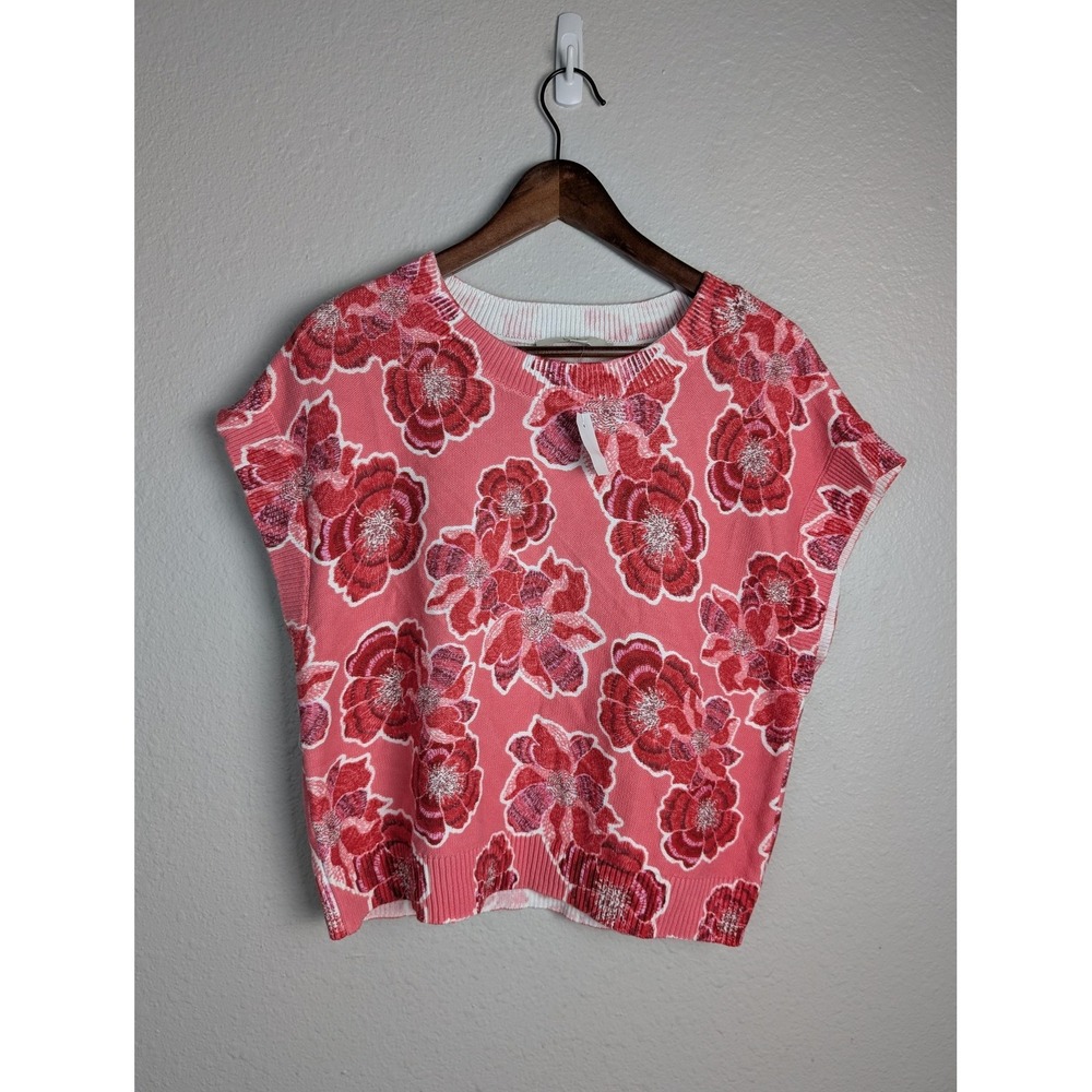 LOFT Sweater Pullover Womens M Pink Floral Crew Neck Short Dolman Sleeve